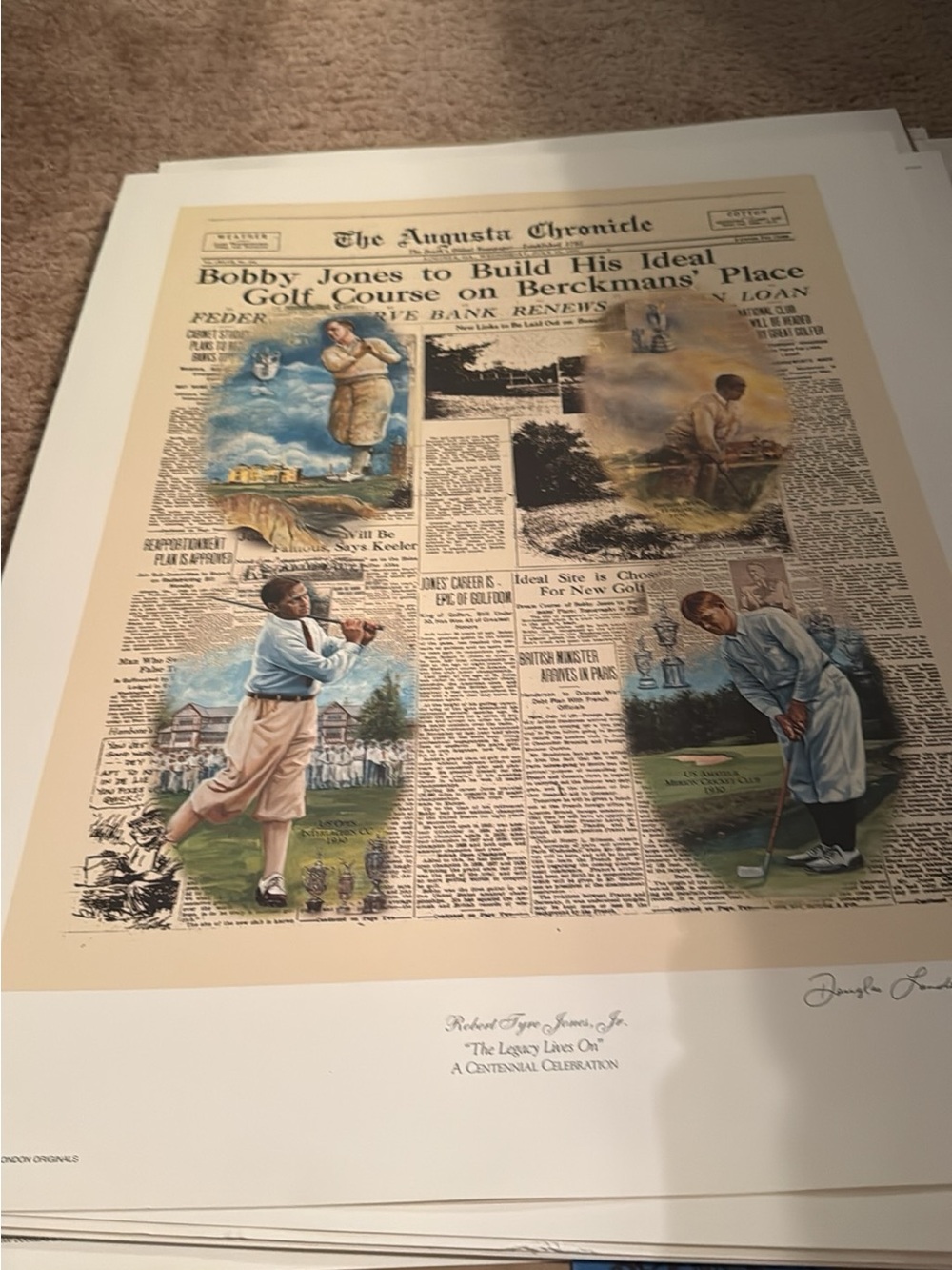 Vintage Golf Newspaper Art Print in Cream and Blue signed by London